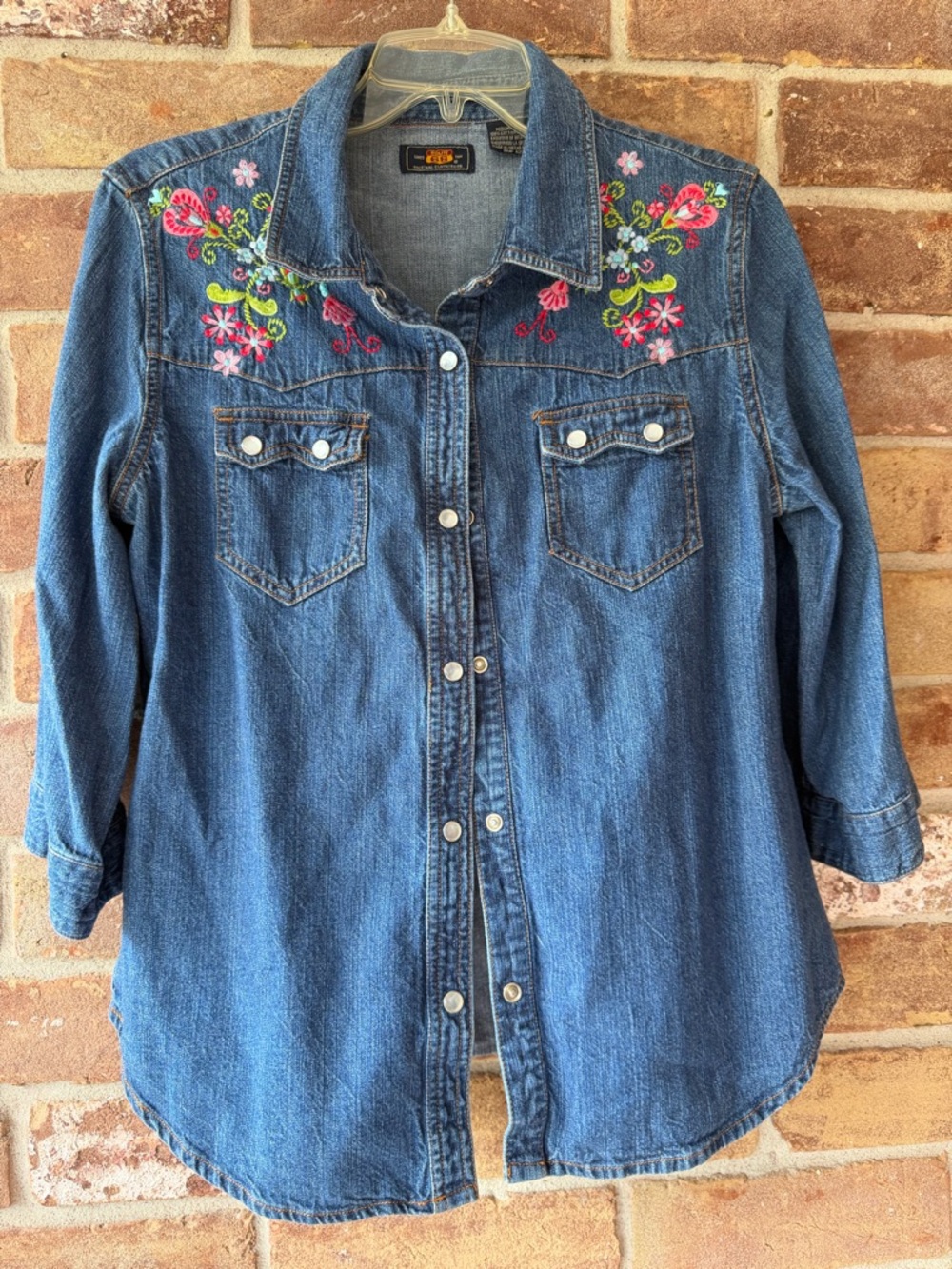 Vintage Route 66 Floral Embroidered Denim Pearl Snap shirt.